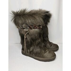 BEARPAW Basha Cowhair Goat Fur Sheep Skin feathers Brown Boots Women’s Size 6